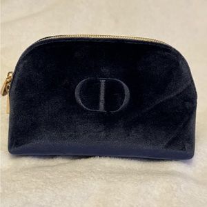 Dior Make Up Pouch Bag - Navy Blue Velvet Logo Gold Zipper Trim New